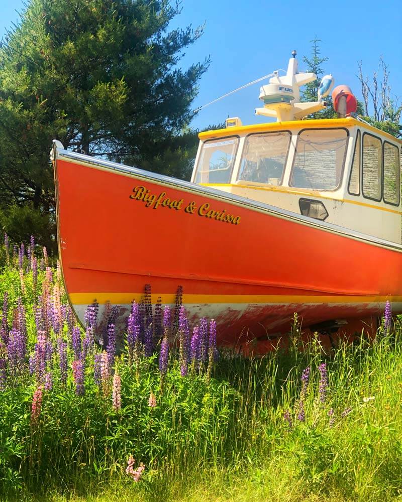 Red fishing boat stored in a field in Maine
